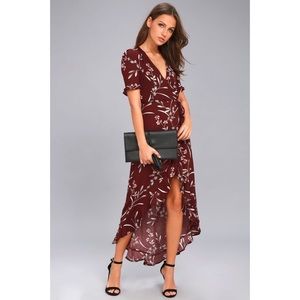 Lulu’s Burgundy High-Low Floral Maxi Wrap Dress